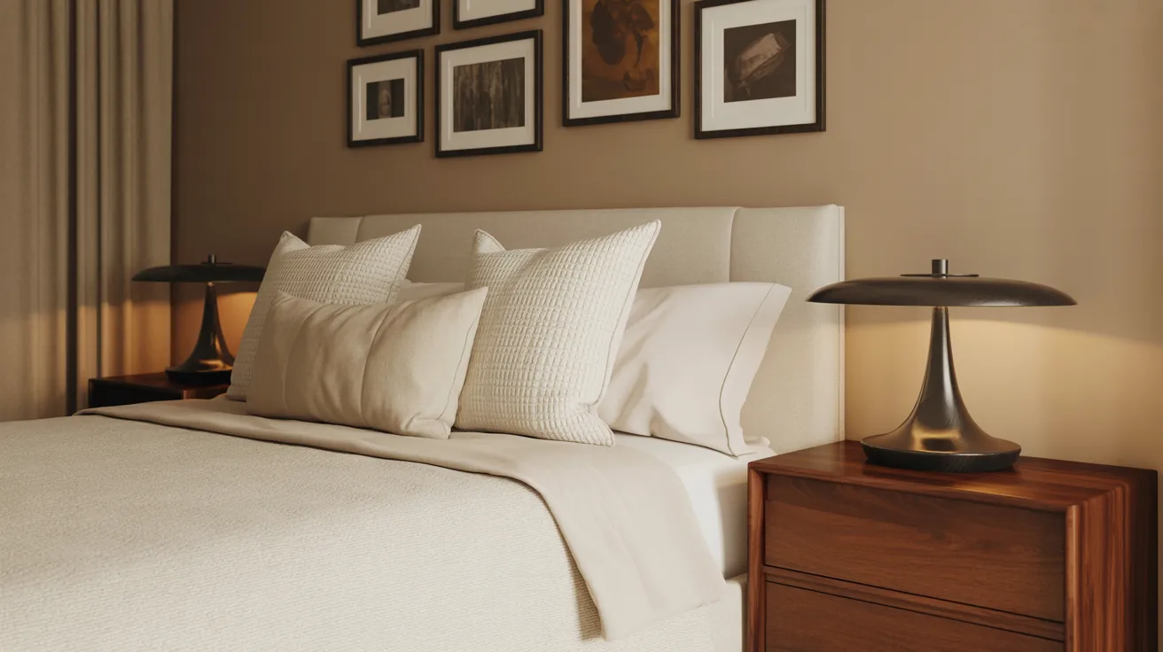 A beige bedroom with grounding contrast accents, creamy bedding, warm taupe walls, black lamp bases, dark wood nightstands, framed art with darker tones, sophisticated and balanced neutral decor with elegant contrast