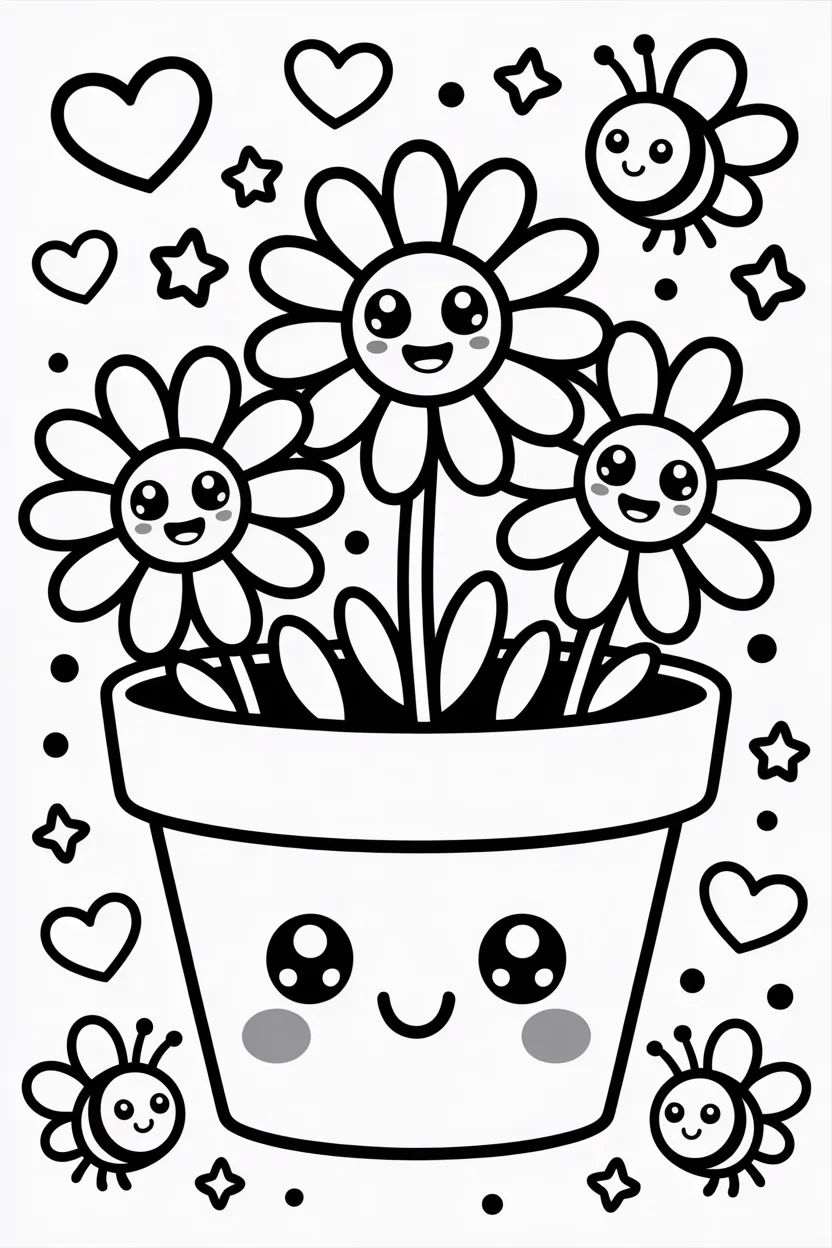 cute kawaii flowers pot coloring pages free printable