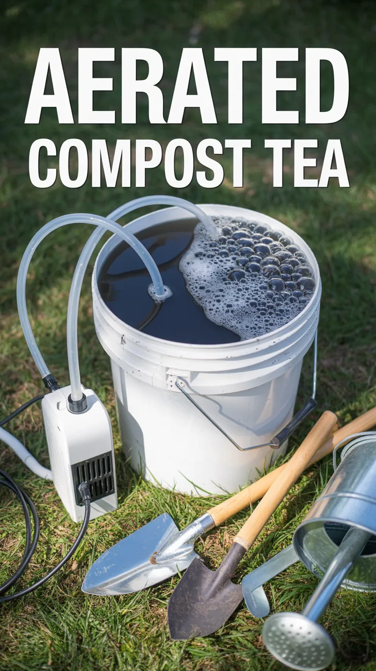Five-gallon bucket with air pump bubbling worm casting tea for microbial-rich garden fertilizer.