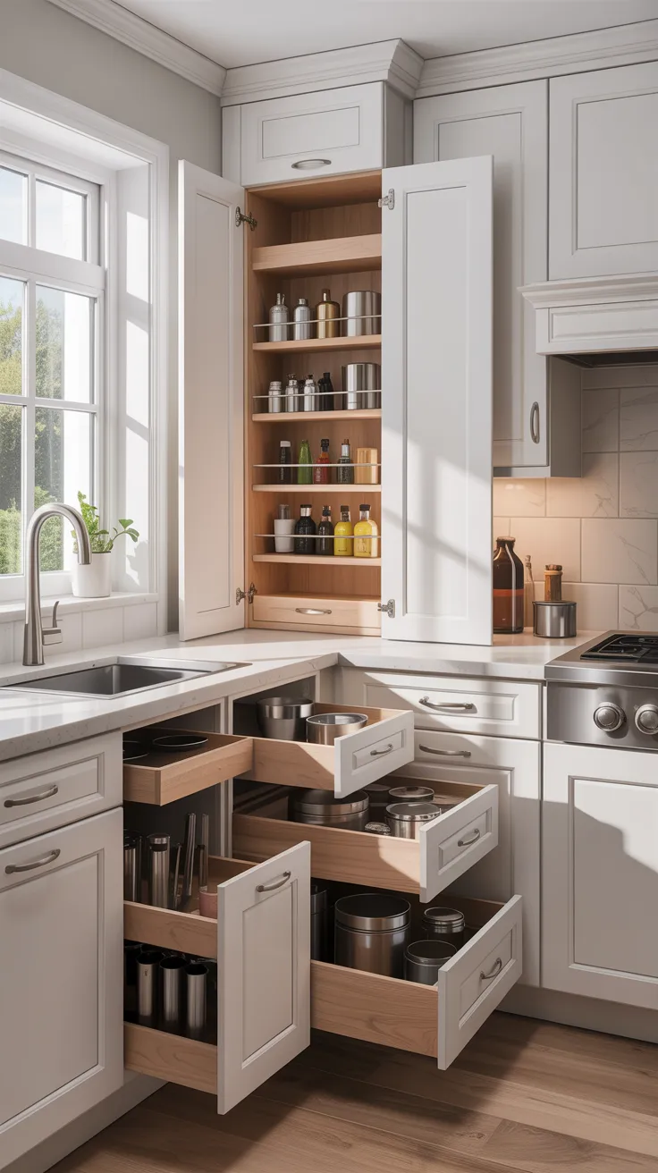 A modern kitchen interior with white shaker-style cabinets and light wood accents. The focal point is a corner cabinet setup with multiple storage solutions. The upper corner cabinet has glass doors and contains organized shelving with glass jars, metal containers, and various kitchen items. The lower corner cabinet features pull-out drawers with wooden dividers storing pots, pans, and kitchen accessories. The countertops are white quartz with a built-in stainless steel sink and modern chrome faucet. A large window with white trim is positioned above the sink, allowing natural light to stream in. The backsplash is made of beige marble tiles. A stainless steel gas range is visible on the right side of the frame. The flooring is light brown hardwood planks. The overall color scheme consists of white, beige, and warm wood tones, creating a clean and sophisticated kitchen design.