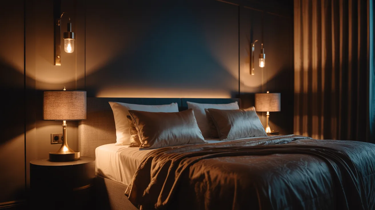 A dark bedroom illuminated by intentionally layered lighting, glowing bedside lamps, warm sconces, deep wall color, soft bedding, intimate shadows, luxurious, moody bedroom ambiance, sophisticated and cinematic home decor 