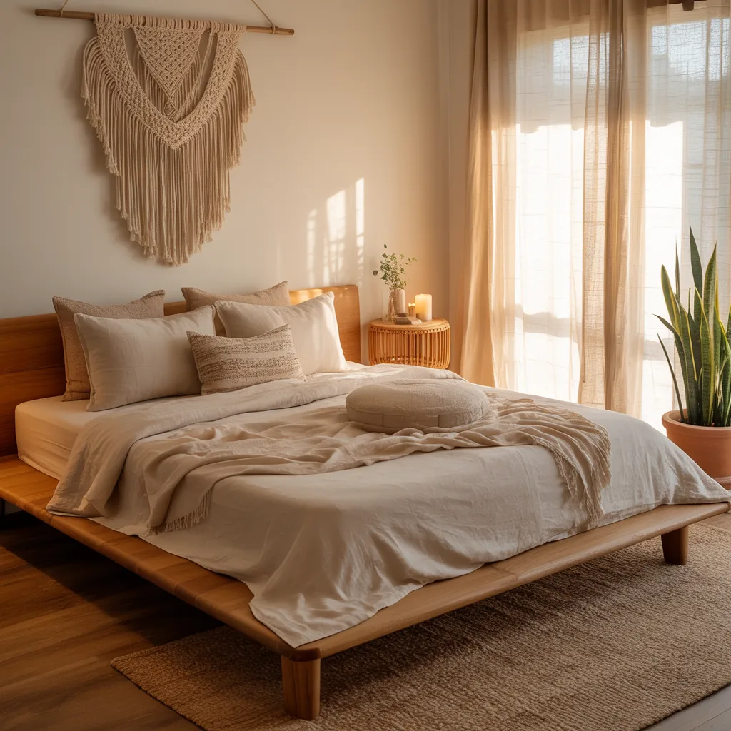 Boho minimalist bedroom with sheer linen curtains, low wood platform bed, and soft natural morning light