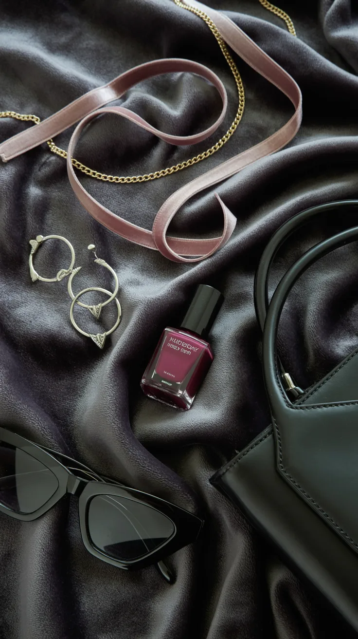 Dark feminine accessories flat lay with choker necklaces, statement rings, cat-eye sunglasses, and structured black leather handbag on black velvet