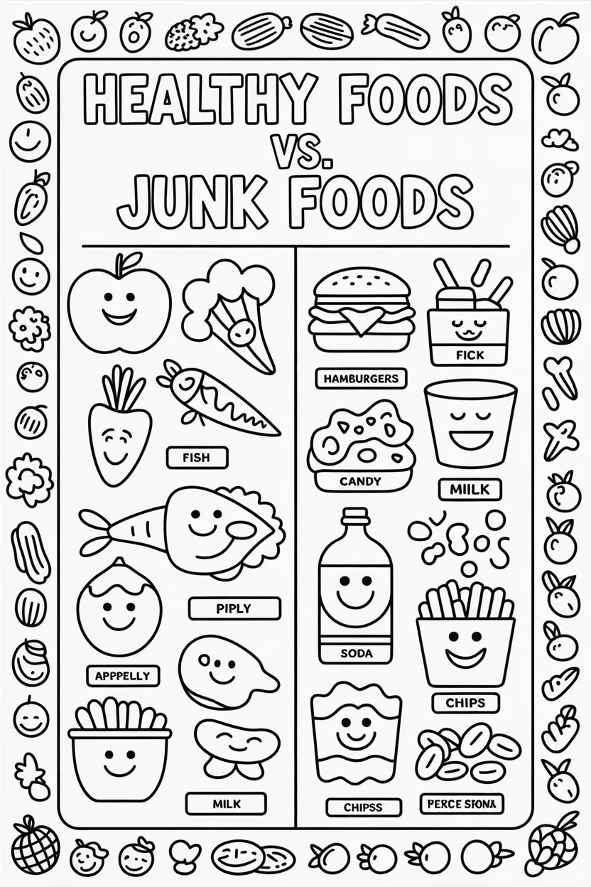 Healthy foods vs junk foods coloring pages free printable