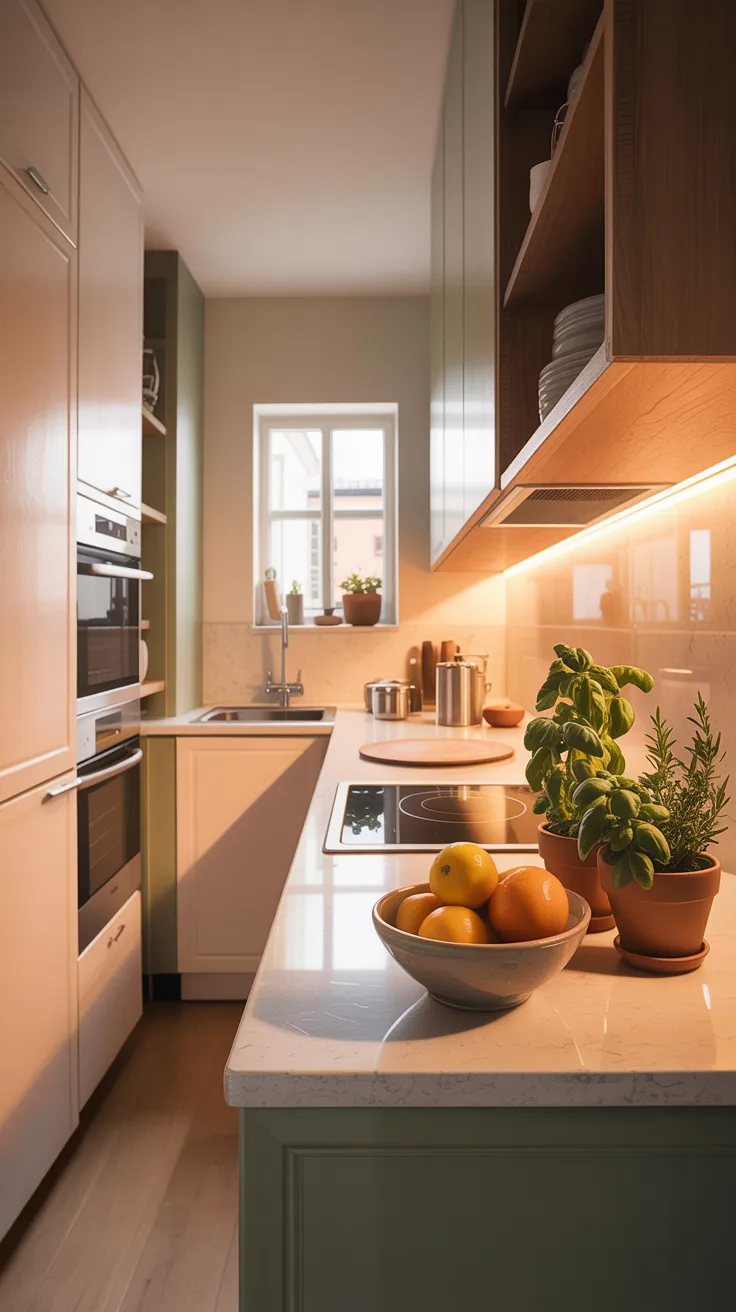 A cozy galley kitchen layout designed for small apartments, showcasing sleek cabinetry, warm wooden accents, and soft, inviting colors. In the foreground, a narrow countertop adorned with a stylish fruit bowl and a small herb garden adds life to the space. The middle ground features streamlined kitchen appliances, such as a modern stovetop and a compact sink, set against a backdrop of softly glowing under-cabinet lighting that enhances the serene ambiance. In the background, light spills through a window, illuminating the minimalist decor and creating a calm atmosphere. The overall scene is presented from an angle that highlights the kitchen's elongated shape, emphasizing its functionality while maintaining an intentional, tranquil feel. 