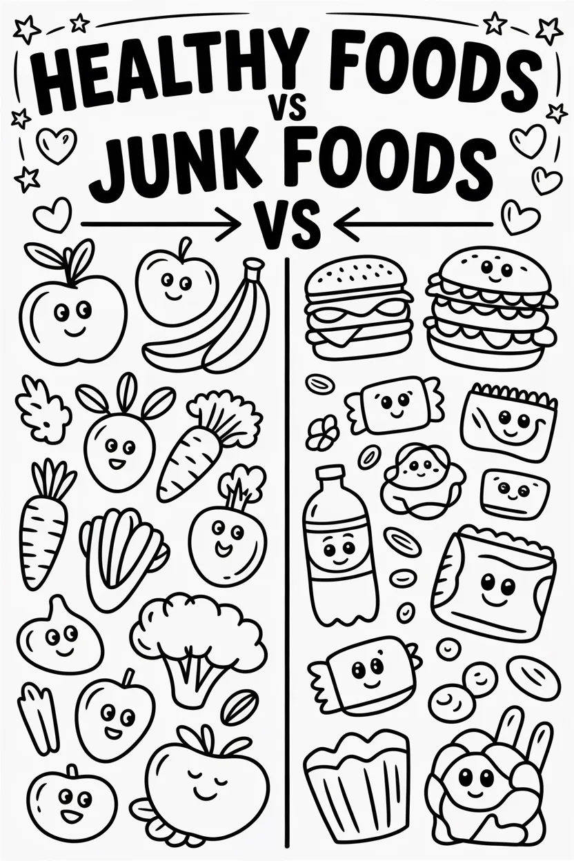 Healthy foods vs junk foods coloring pages free printable