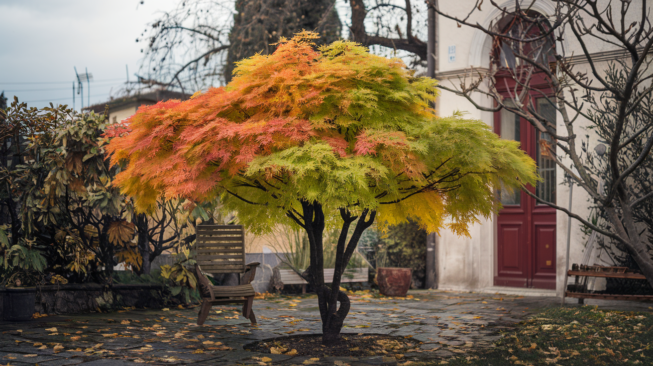 Evergreen tree with orange-yellow leaves in an Italian garden, with fallen leaves, a wooden chair, and a building with a red door under an overcast sky.