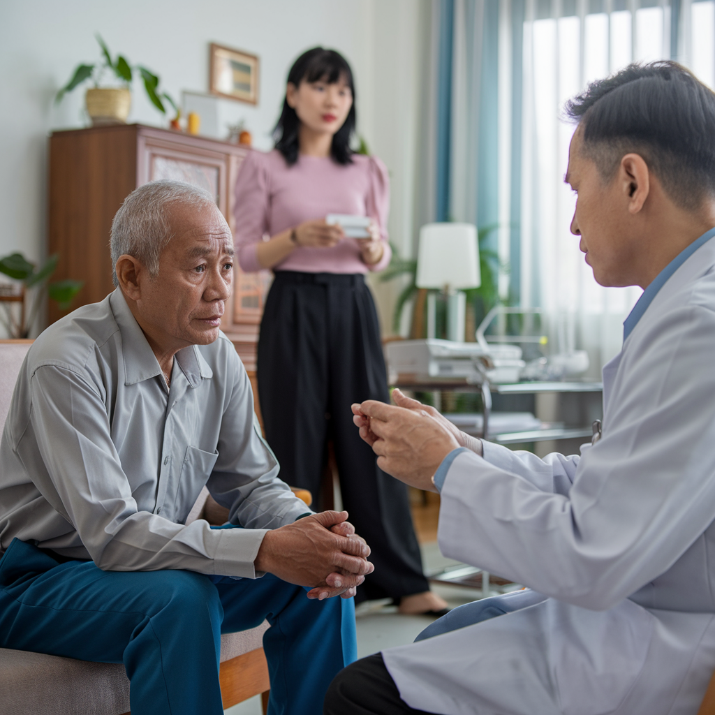A medium shot of สมชาย in a doctor's office. He is wearing a gray shirt and blue pants and has a serious expression. The Thai doctor is wearing a white coat and has a calm, professional demeanor. He is holding a white object and explaining something to สมชาย. The background contains medical equipment and charts.