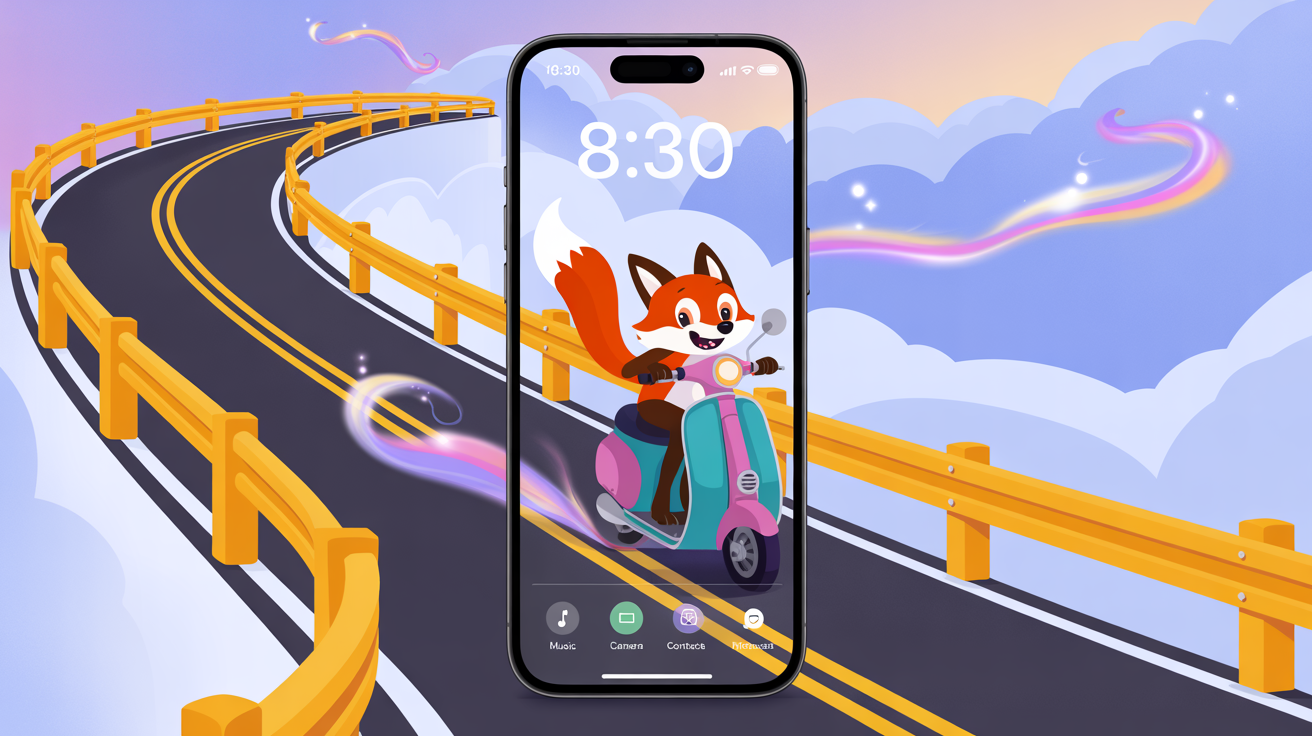 AI插圖名稱:卡通狐狸駕駛風格化超現實主義的客製化滑板車