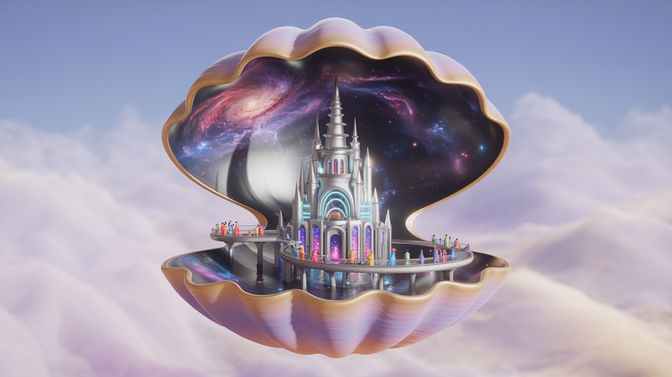 AI插圖名稱:一個敞開的貝殼懸停在空中.CGI遊戲風格.