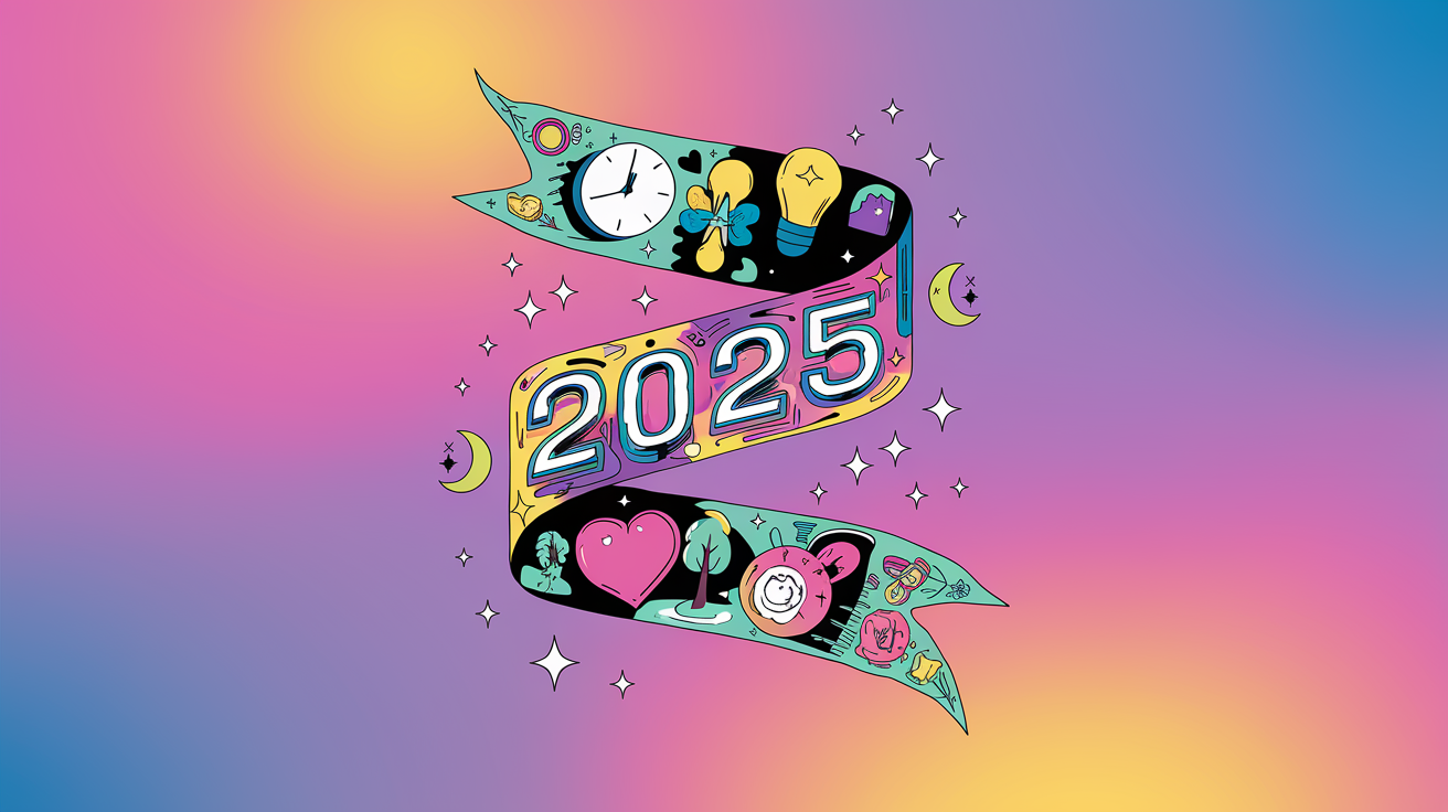 AI插圖名稱::彩色絲帶2025.CGI簡報風格.