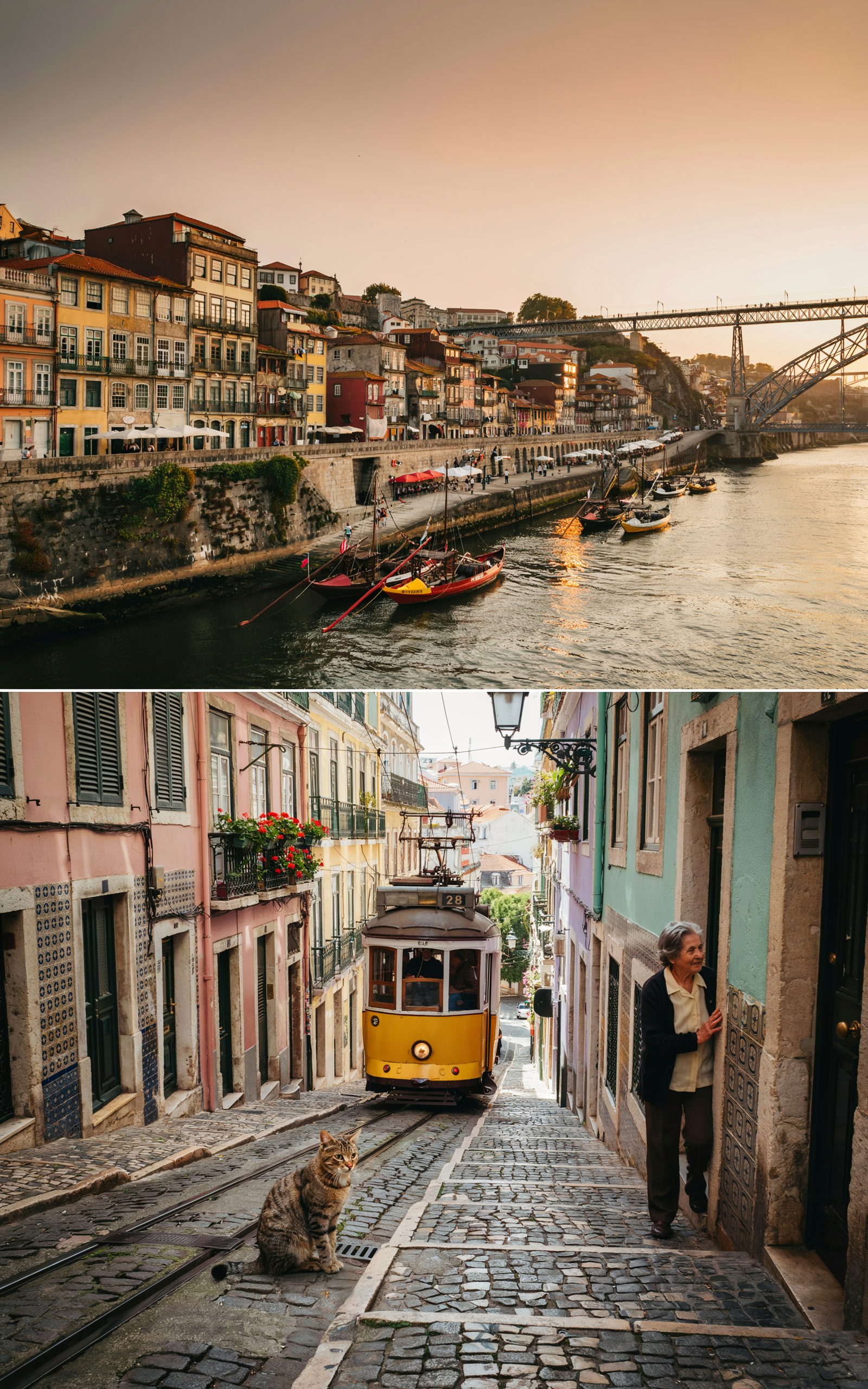 Porto vs Lisbon travel guide pin showing both Portuguese cities at golden hour