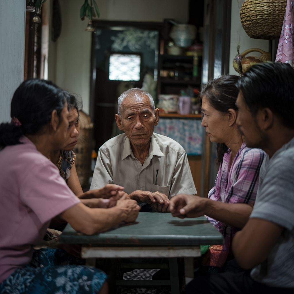A photo of a worried discussion at home with an elderly Thai man named สมชาย. He is sitting at a small table with his family in a modestThai home with traditional decor. There is a sense of seriousness in the air, with concerned expressions on their faces.