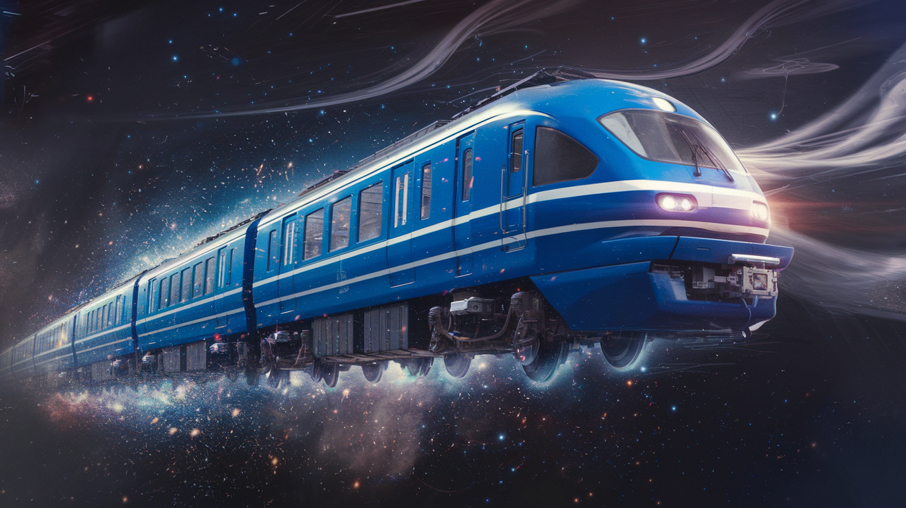 AI插圖名稱:藍色火車穿越太空