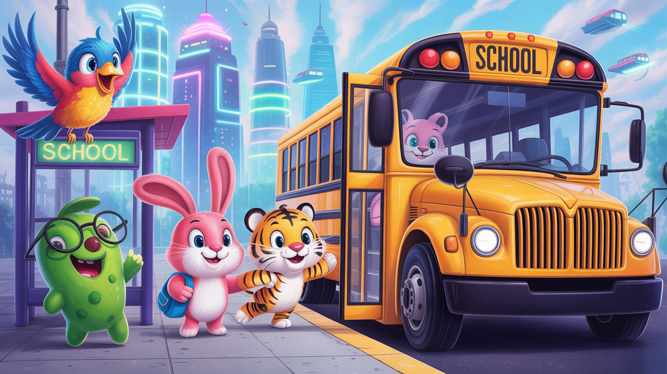 AI插圖名稱:卡通動物學生在公車站等待黃色校車.賽博朋克風格
