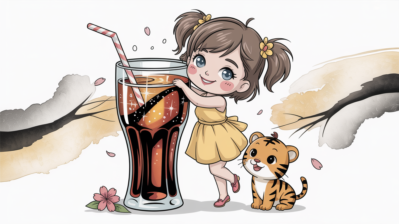AI插圖名稱:赤壁女靠在裝滿可樂的水晶玻璃杯上.水墨風格.油