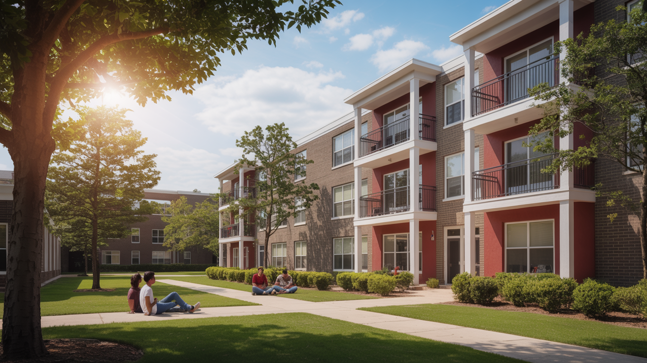 Modern student apartments near the University of Alabama in Tuscaloosa — sunny courtyard with students relaxing outside