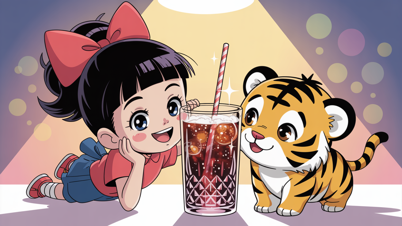 AI插圖名稱:赤壁女靠在裝滿可樂的水晶玻璃杯.赤壁風格與動漫