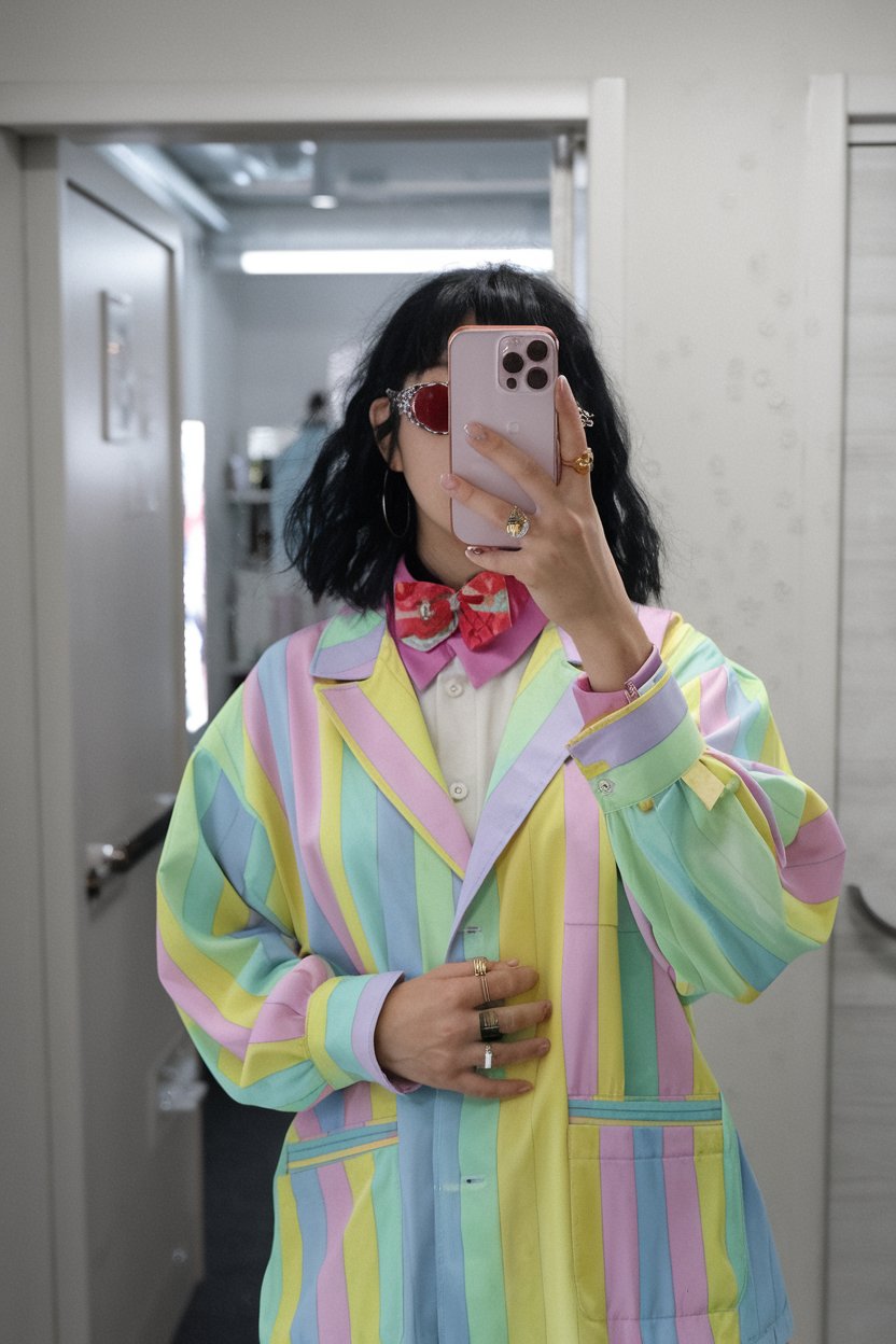 Japanese woman taking a mirror selfie wearing a
pastel-colored Harajuku outfit with bright accents and bold color play — harajuku women outfit ideas.