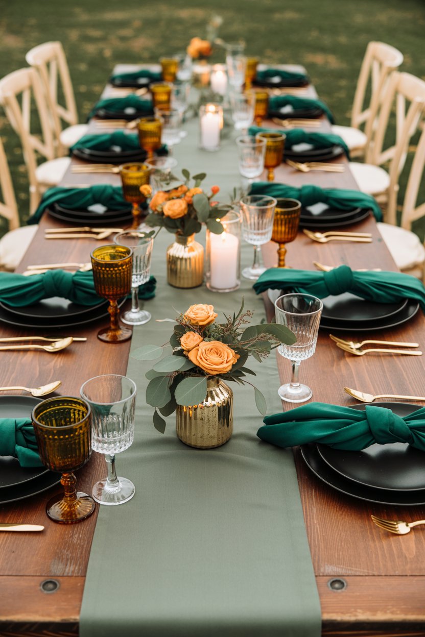 Stunning fall table wedding set up with green tones 
