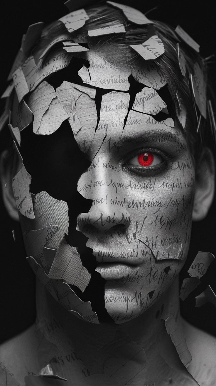 -FrOu5h3Tl22YNOzX2IB5w A photo of a fragmented central face, predominantly in shades of black and gray, with a striking red eye. The face appears to be disintegrating or breaking apart, with pieces of text and symbols scattered across it. The text seems to be in a foreign script, and the symbols resemble handwritten notes or possibly some form of ancient or arcane script. The overall mood of the image is intense and mysterious, with the red eye being the focal point, drawing the viewer's attention immediately.