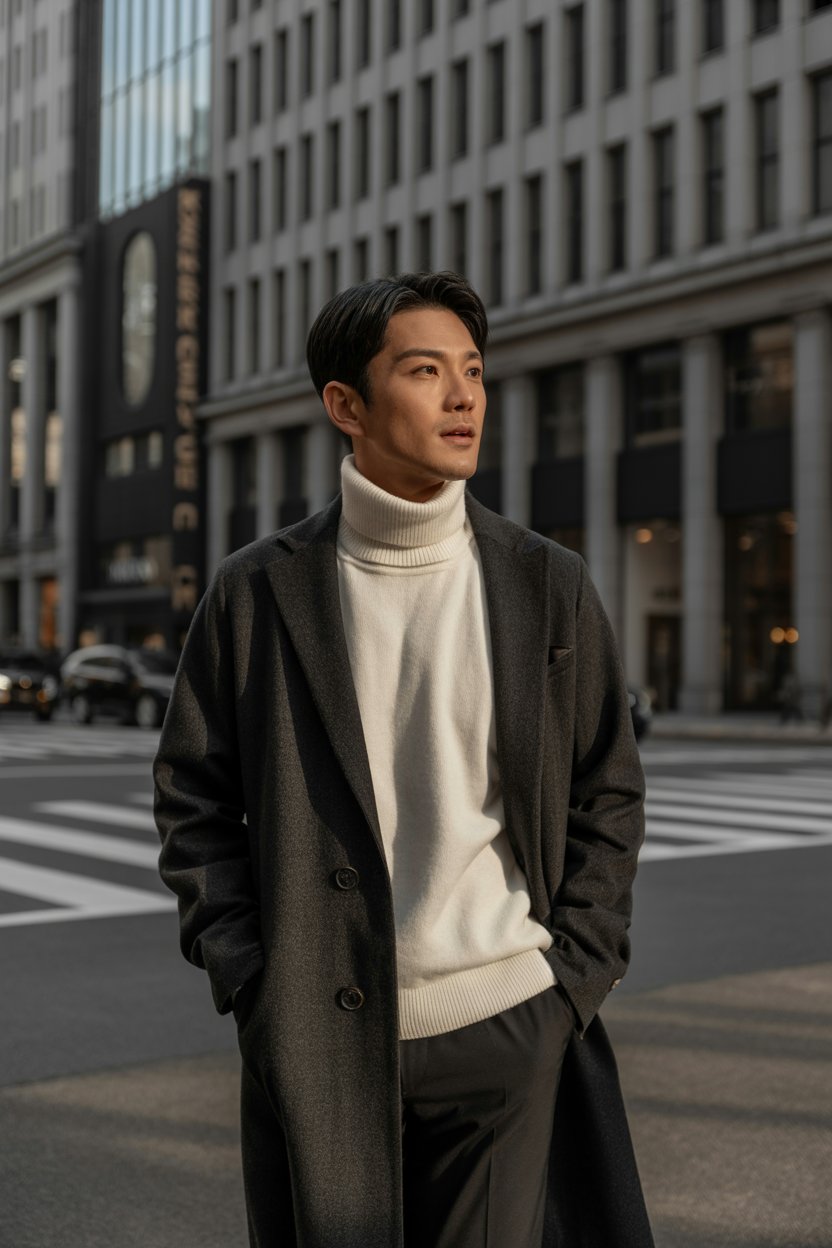 Chic Japanese man in a monochrome winter
outfit featuring a cashmere sweater and a structured wool coat, standing against the refined backdrop of Ginza. The look is luxurious, modern, and elegantly balanced. Soft shadows and upscale architecture add sophistication.