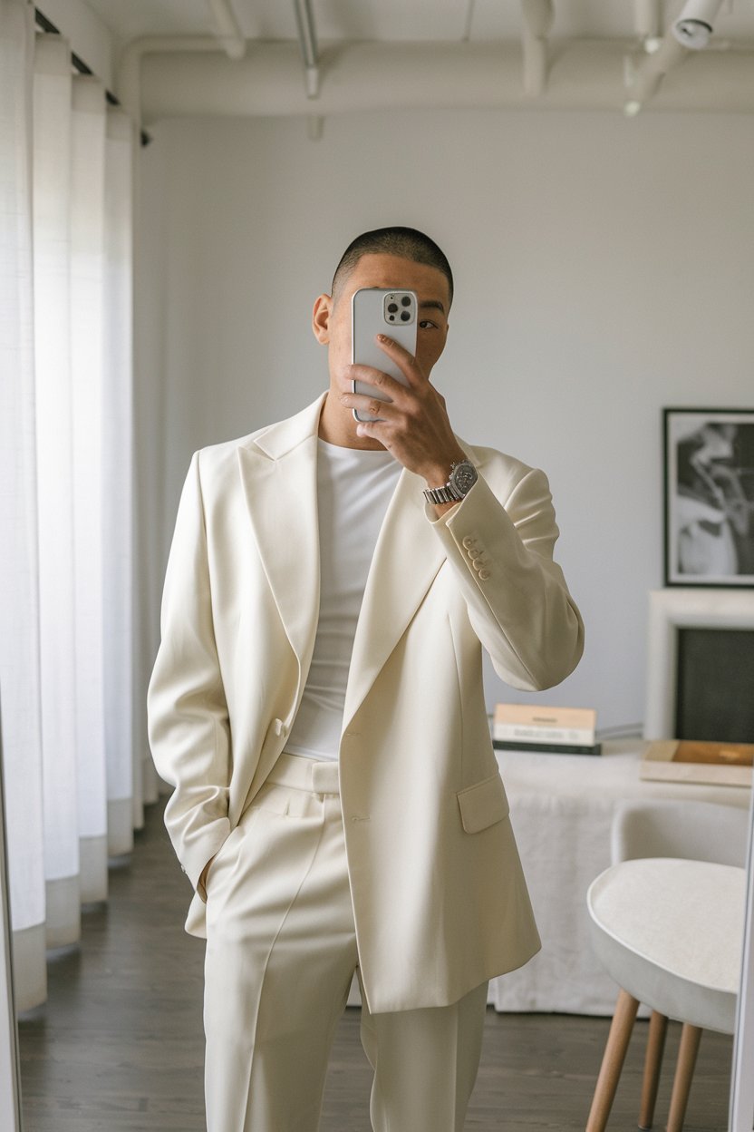 Japanese man taking a mirror selfie in a
monochrome cream-and-white minimalist outfit with clean silhouettes, bright minimal room — japanese mens minimalist style.