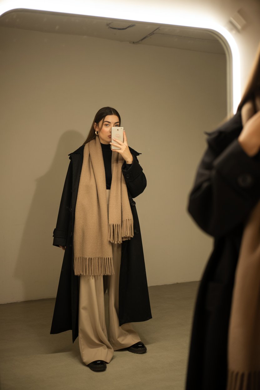 Young woman taking a mirror selfie wearing an
oversized winter scarf, long coat, and wide trousers. The focus is on her outfit only, with soft warm lighting.