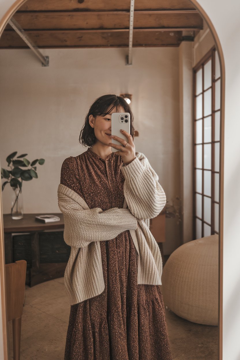 Japanese woman taking a mirror selfie wearing a
fall dress layered with a cozy knit sweater, warm minimal interior — japanese women autumn fashion.
