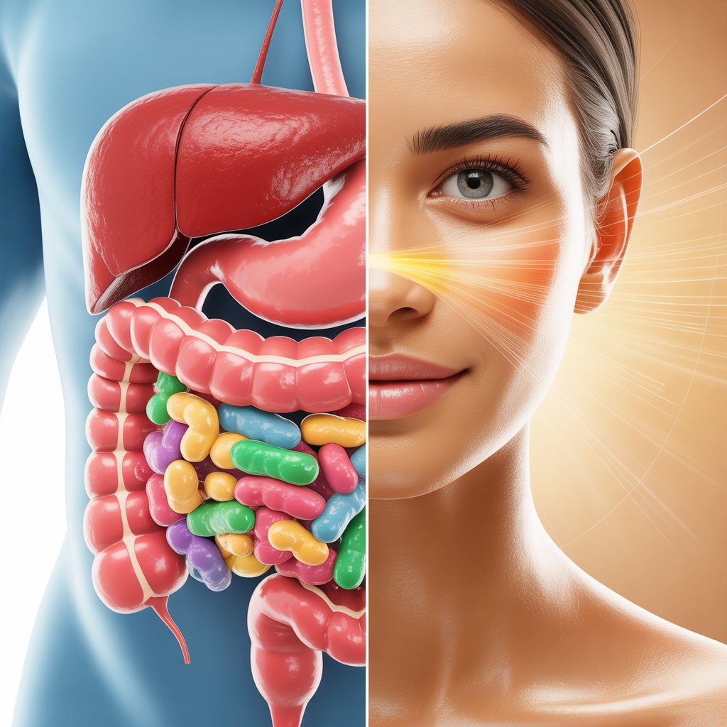 Gut skin connection showing internal digestive health and clear skin