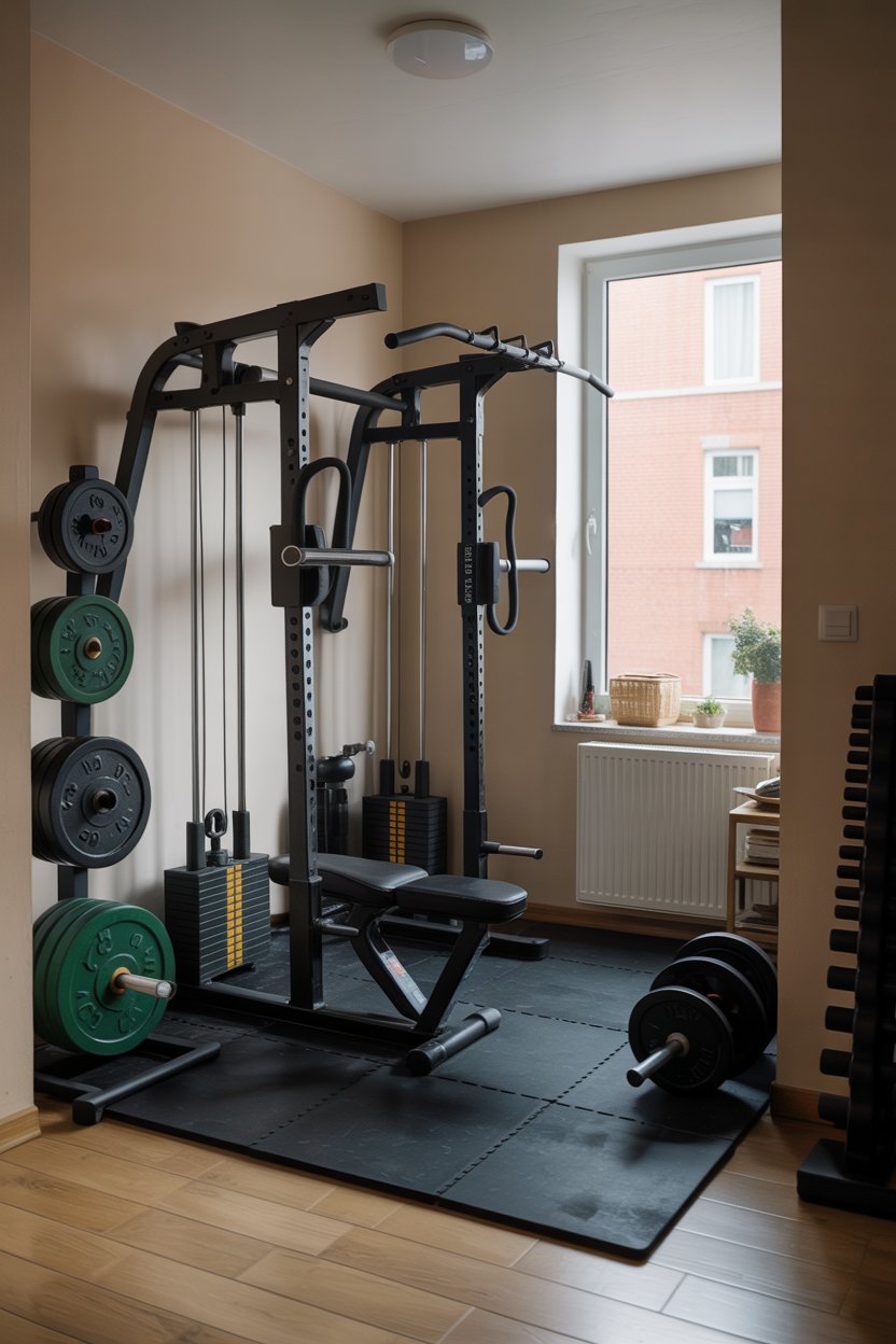 Small apartment gym corner cluttered with bulky fitness equipment, mismatched weights, crowded floor space, poor layout, low lighting, visually overwhelming workout room, realistic indoor photography, relatable apartment setting