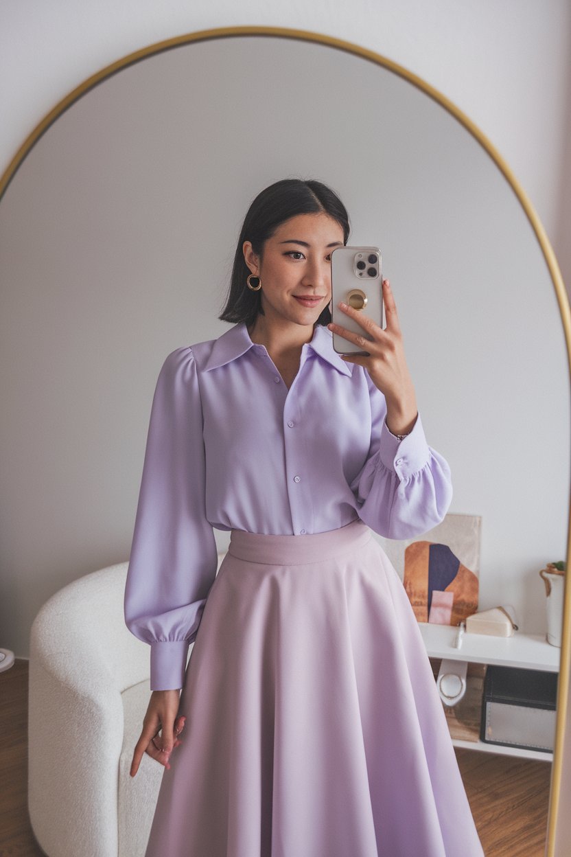Japanese woman taking a mirror selfie wearing a
lavender pastel blouse with structured midi skirt, elegant minimalist interior — women pastel business look.