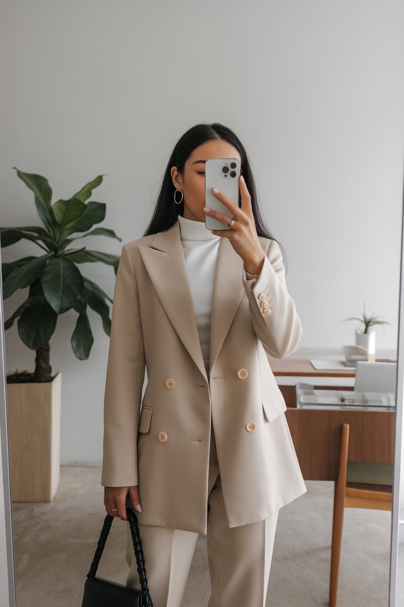 Japanese woman taking a mirror selfie wearing
layered luxury business basics in neutral tones, modern workspace — women luxury business basics.
