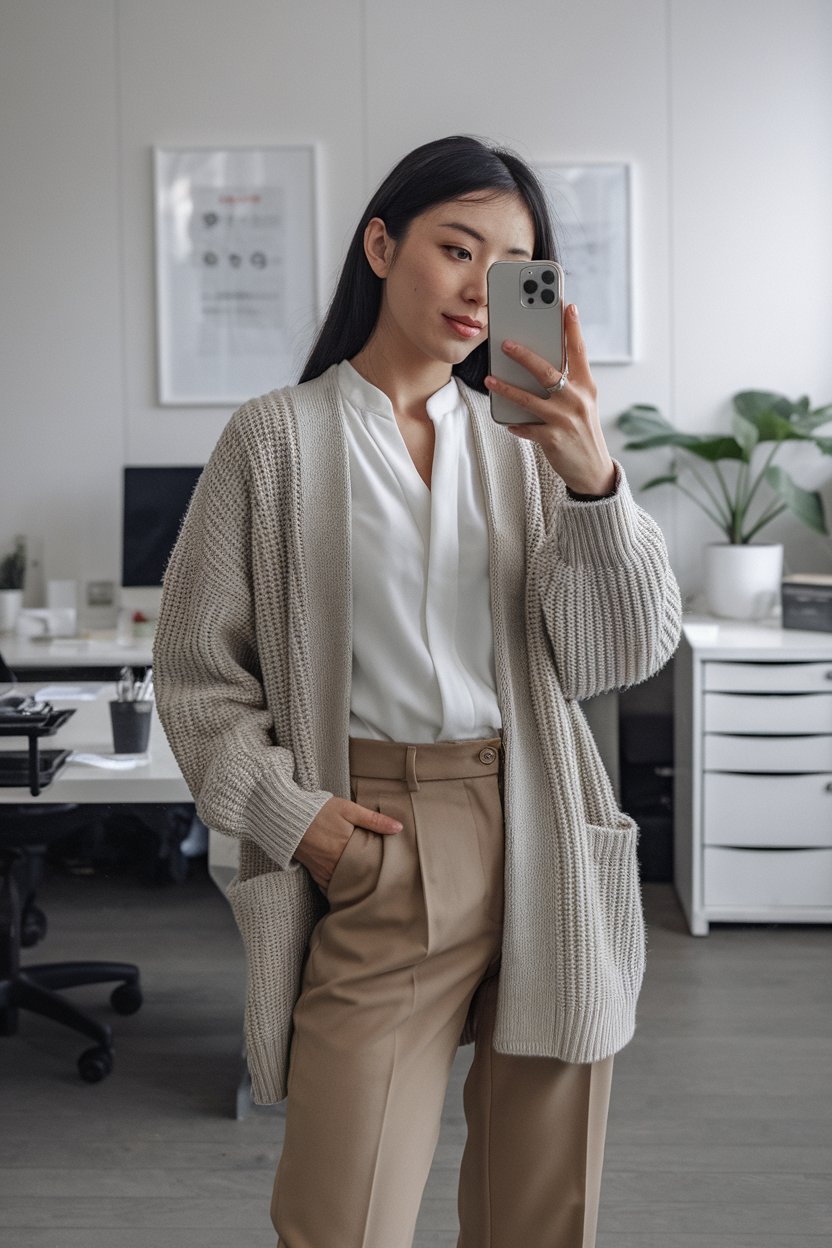 Japanese woman taking a mirror selfie wearing a
neutral cardigan layered over a white blouse with tailored trousers, clean office interior — women elegant business cardigan style.