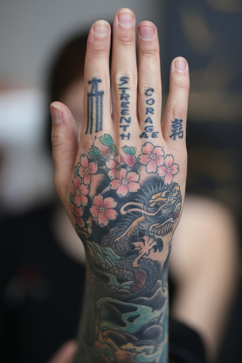 A hand displaying an intricate Japanese tattoo with dragon and floral themes, captured against a softly blurred interior.