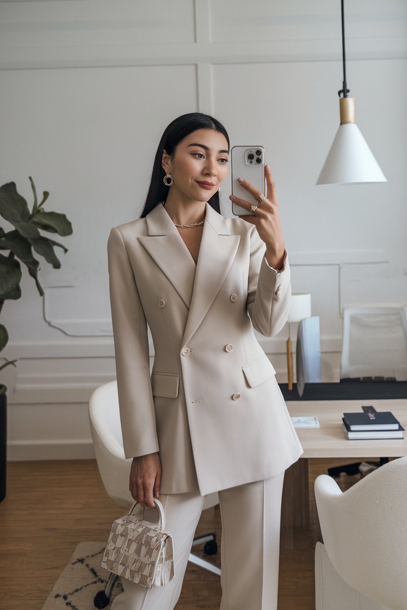 Japanese woman taking a mirror selfie wearing a
neutral tailored outfit with precise cuts, elegant professional space — women clean cut office wear.