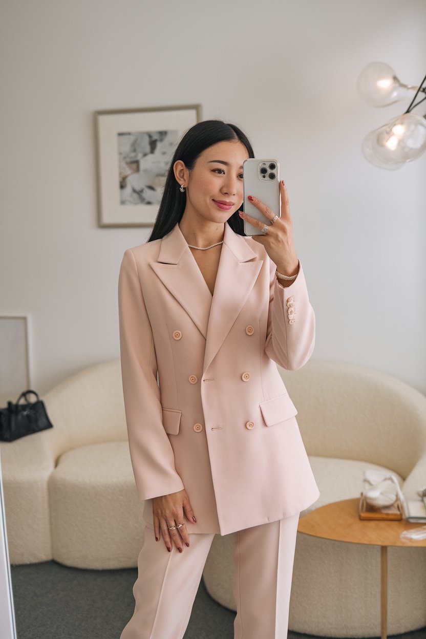 Japanese woman taking a mirror selfie wearing a
soft pastel executive office outfit with feminine tailoring, refined bright space — women pastel business look.