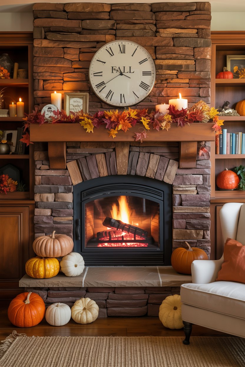 “Fall mantel décor with a neutral color scheme and natural textures”

