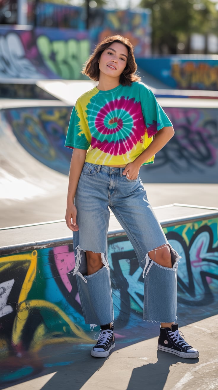 Tie-Dye Tee with Distressed Jeans