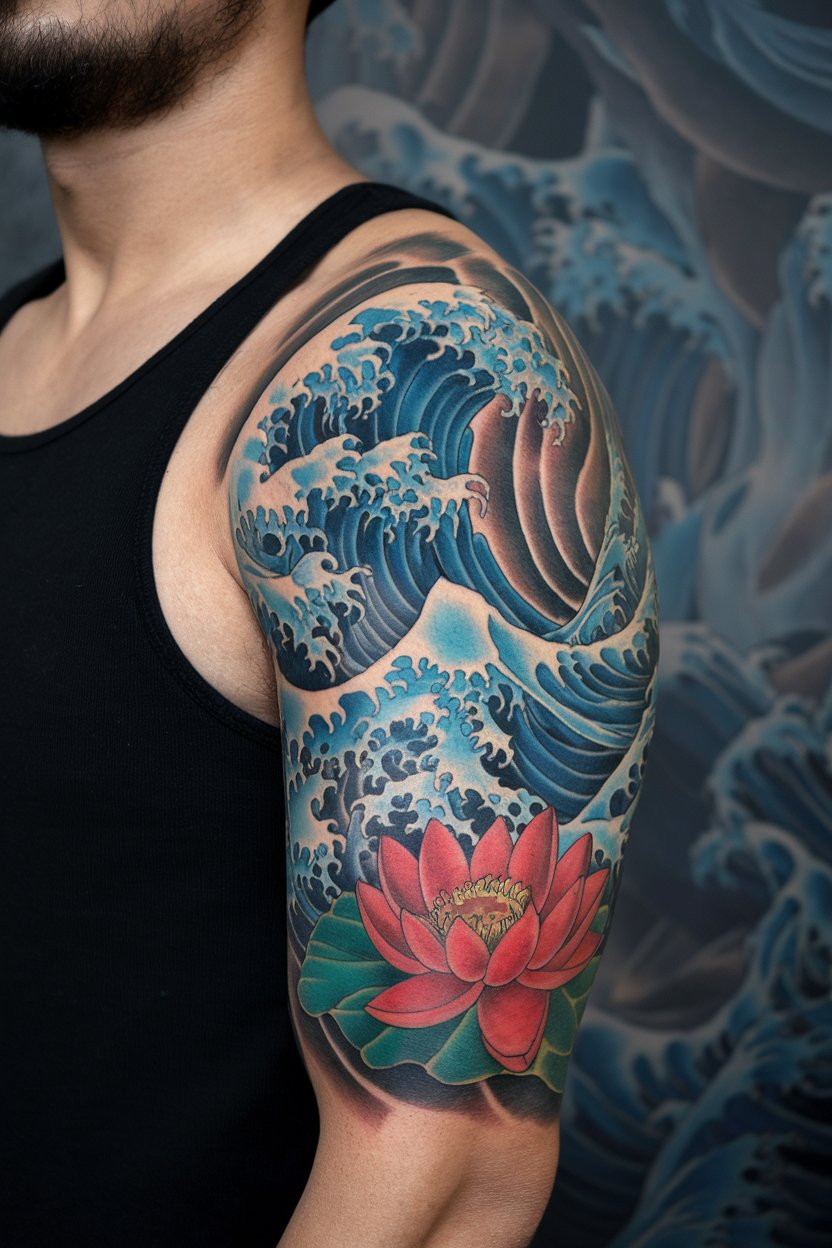 The image shows crashing waves contrasted with vivid red lotus blossoms.