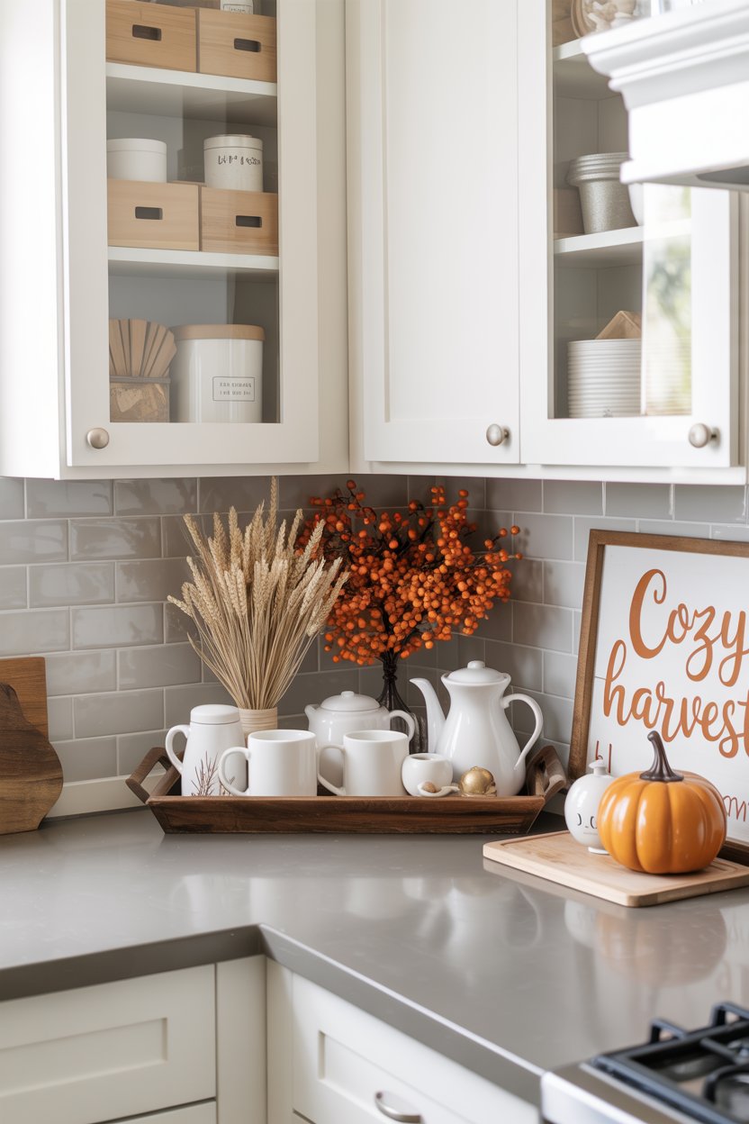 Small space fall kitchen decor with a hanging leaf garland

