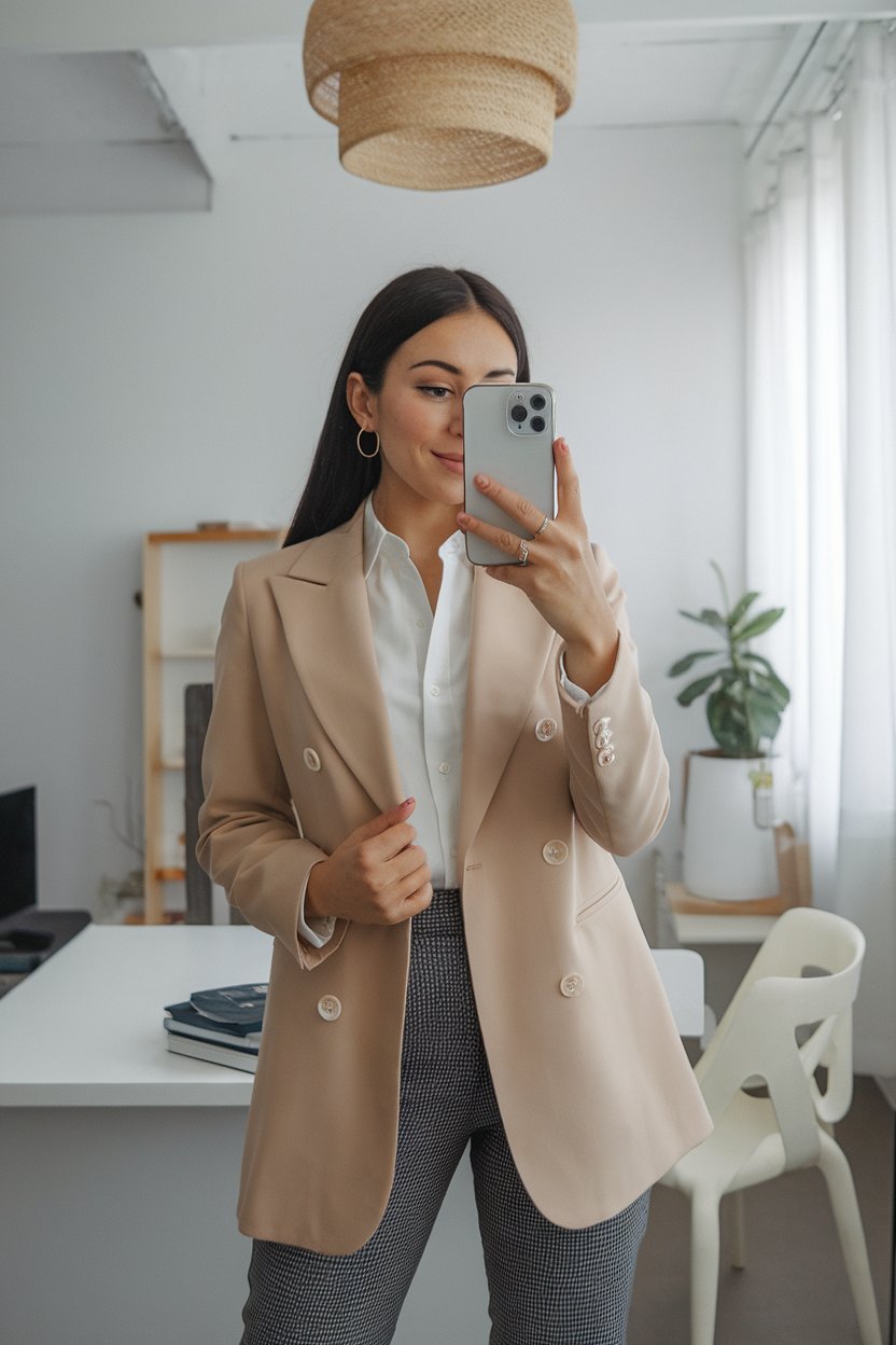 Japanese woman taking a mirror selfie wearing an
executive feminine office outfit with professional elegance, calm bright interior — women modern feminine office style.