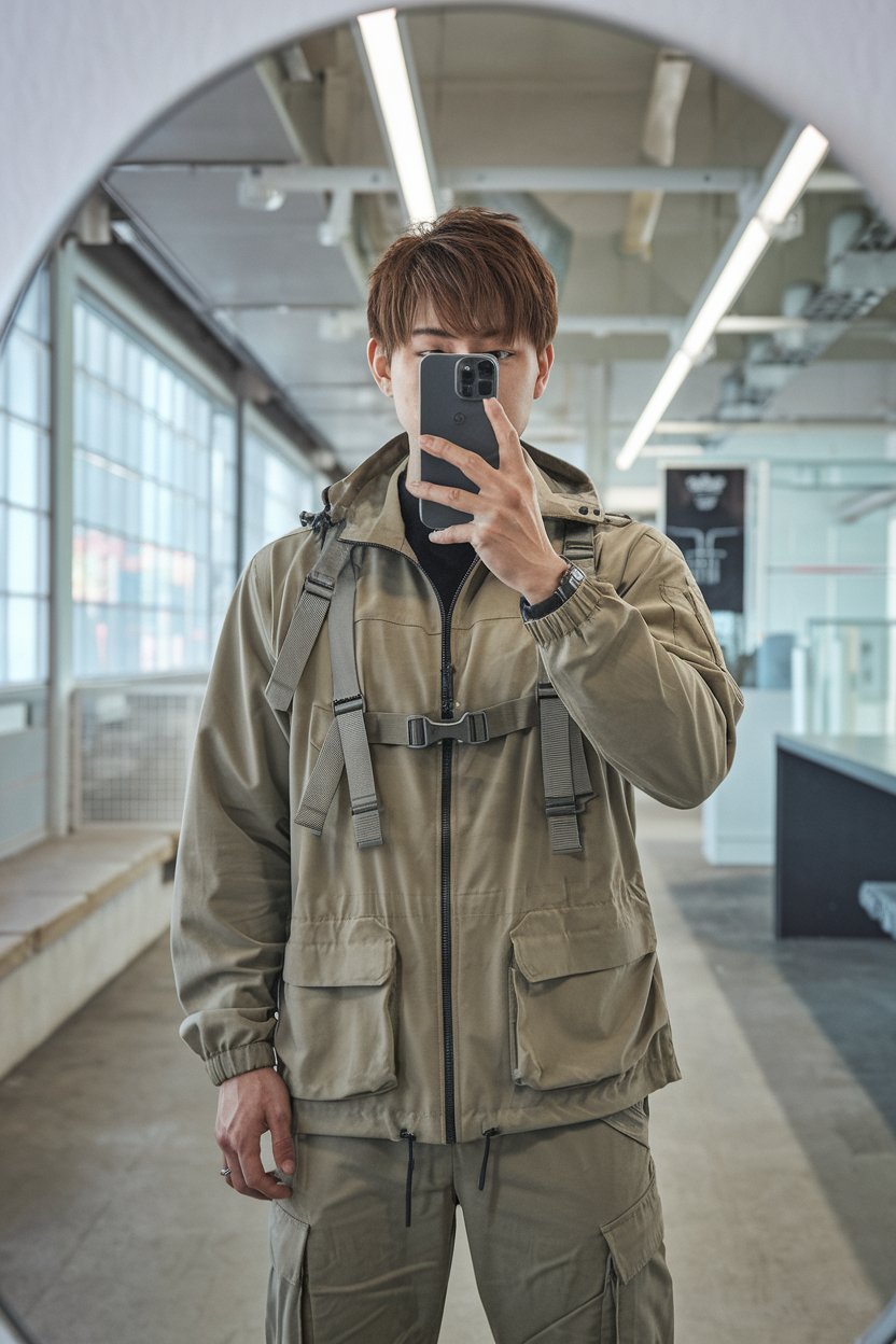 Japanese man taking a mirror selfie in a
lightweight tactical jacket with adjustable straps and cargo pants, clean futuristic interior — japanese mens techwear outfits.