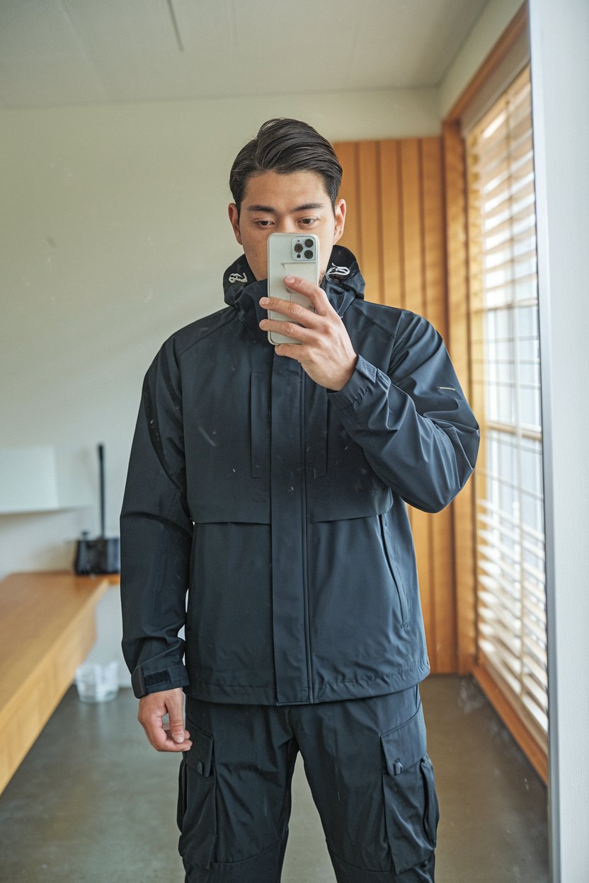 Japanese man taking a mirror selfie wearing a
waterproof softshell techwear jacket and streamlined cargo pants, minimal sleek room — japanese mens techwear outfits.