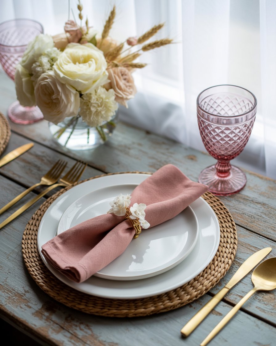 Rust & Blush Pink napkin on white plate for wedding 