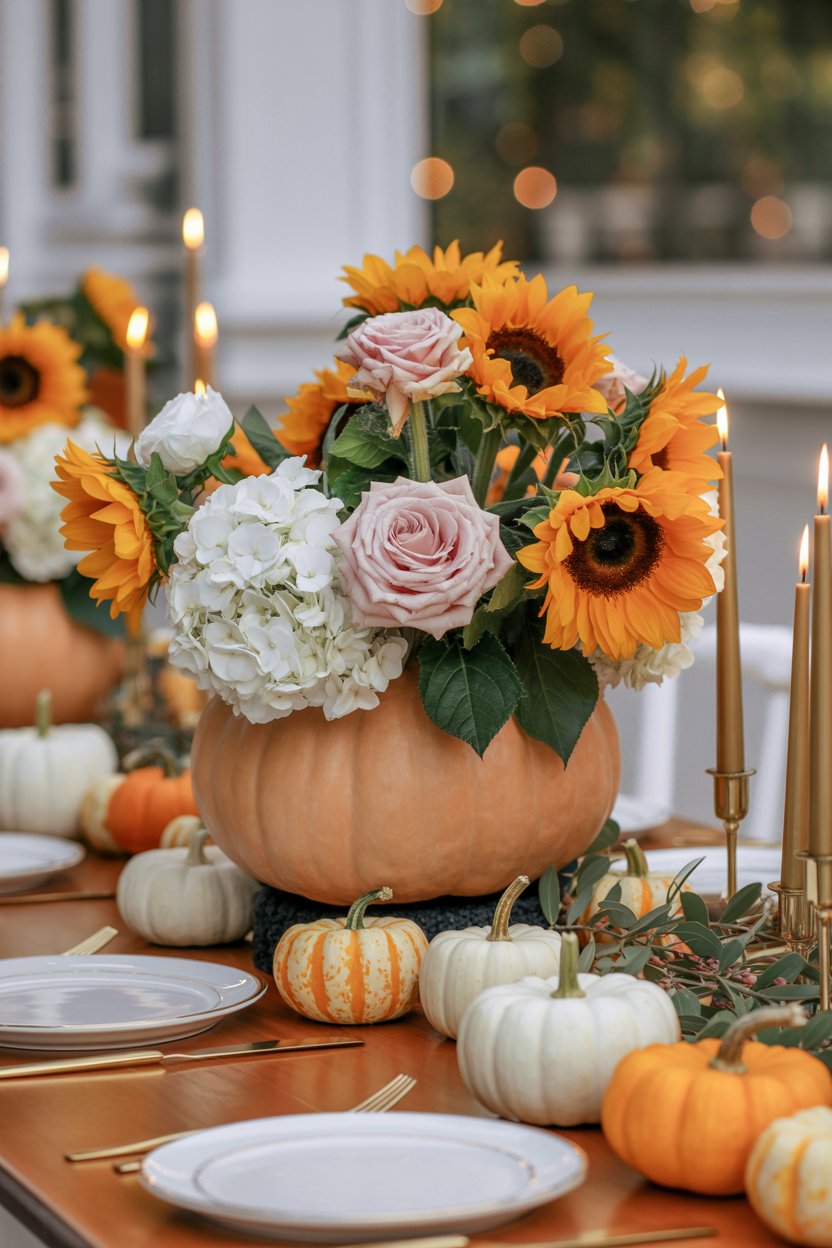 wedding bouquet for fall  in pumpkin vase 