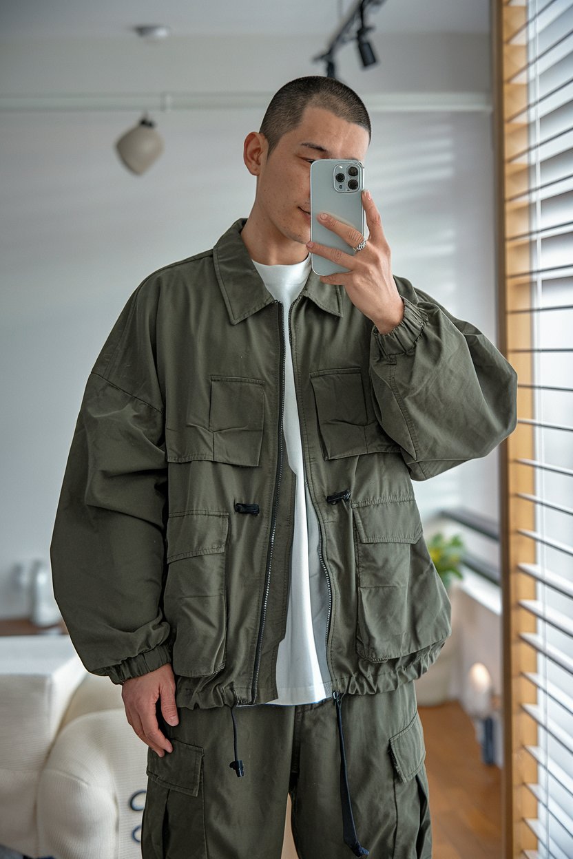 Japanese man taking a mirror selfie wearing an
oversized functional jacket with wide cargo pants, soft refined lighting — japanese mens techwear outfits.
