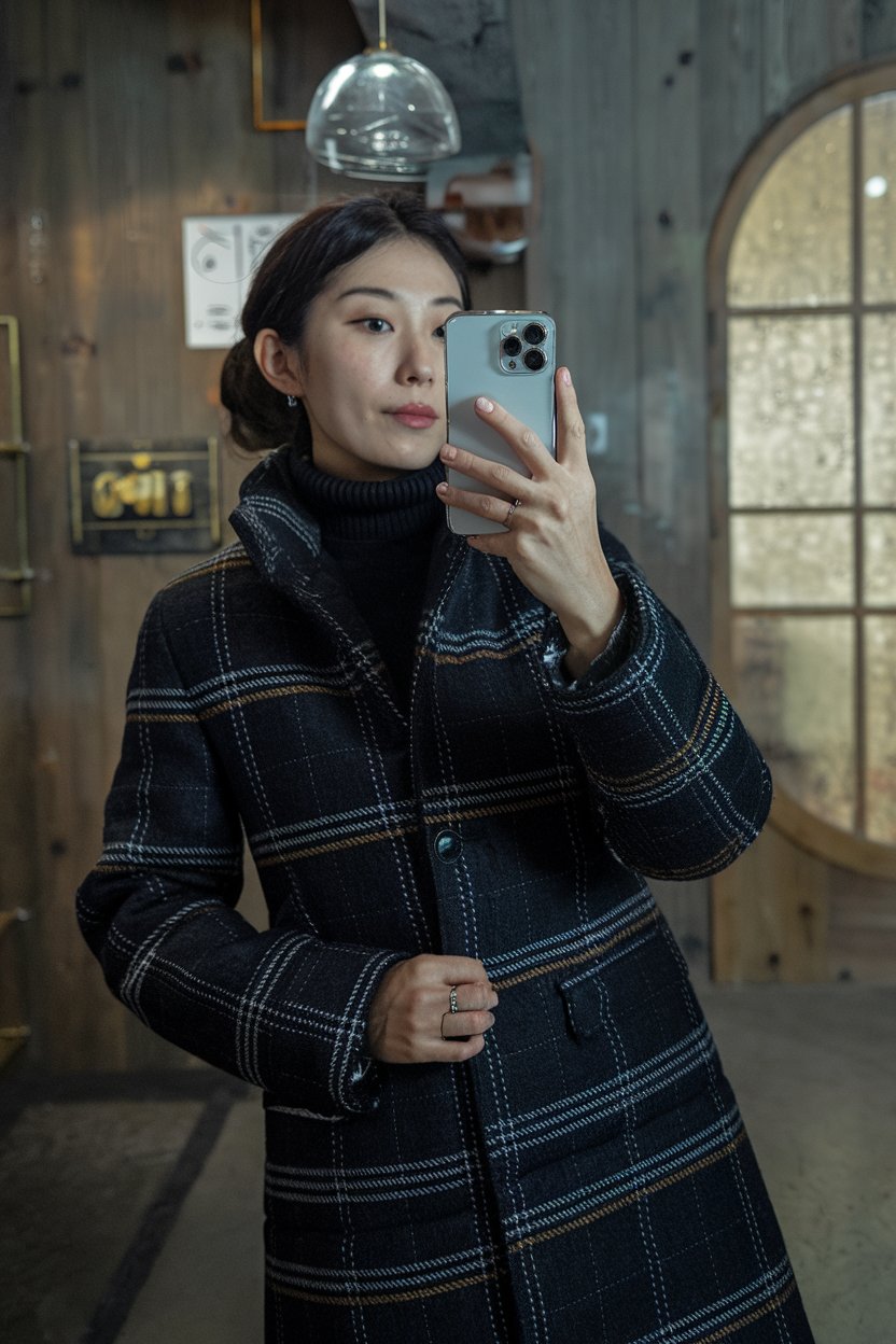 Japanese woman taking a mirror selfie in a dark
elegant winter coat with refined textures, nighttime-inspired interior — japanese women winter streetwear.
