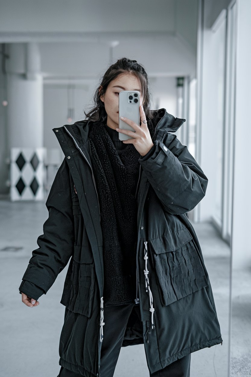 Japanese woman taking a mirror selfie in an
oversized black winter coat layered with black textured pieces, modern minimal setting — japanese women winter streetwear.