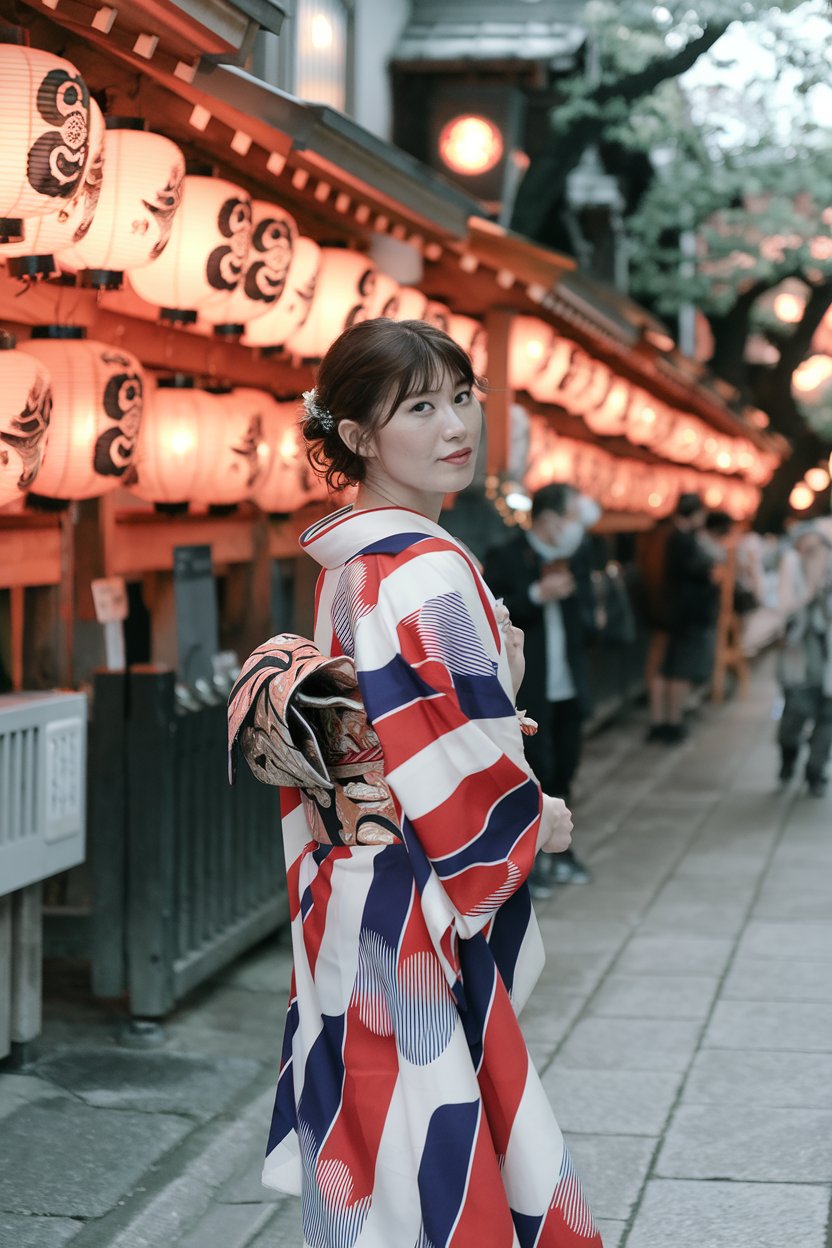 A photo of a Japanese woman wearing a vibrant
traditional festival fashion, a yukata. The yukata has a pattern of red, white, and blue. She is standing in a summer matsuri atmosphere, with lanterns glowing in the background. The scene is colorful and culturally rich.